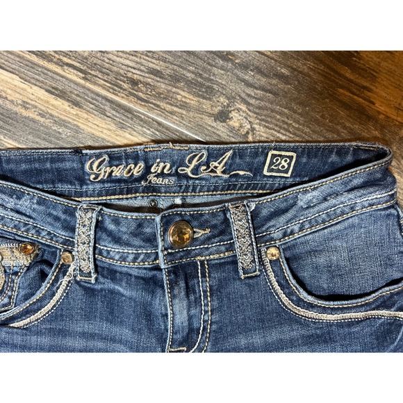 Grace in LA Embellished Bling Jeans Womens SZ 28 Blue Denim Rhinestone Rodeo Y2K - Picture 11 of 13